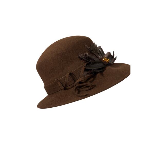 Vtg Setmar New York Brown 100% Wool Hat Feathers Amber Gemstone Cloche main image 5
